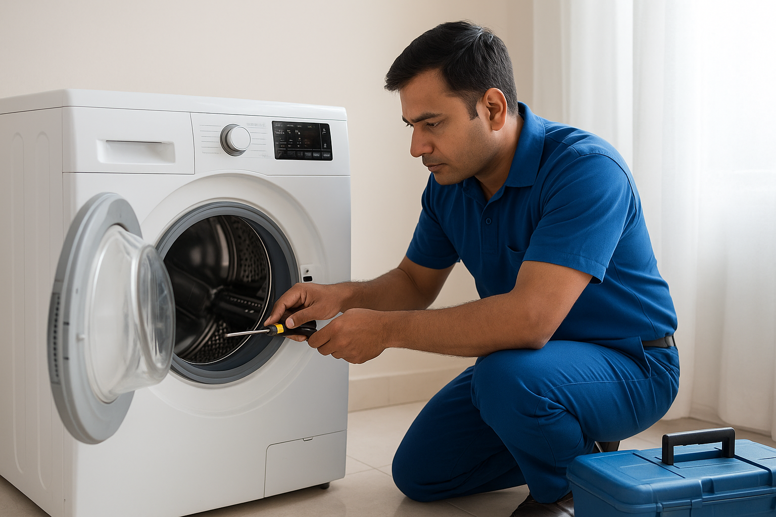 Professional technician performing washing machine repair in Bhubaneswar, adjusting the drum of a front-load washer at a certified Godrej washing machine service centre Bhubaneswar.